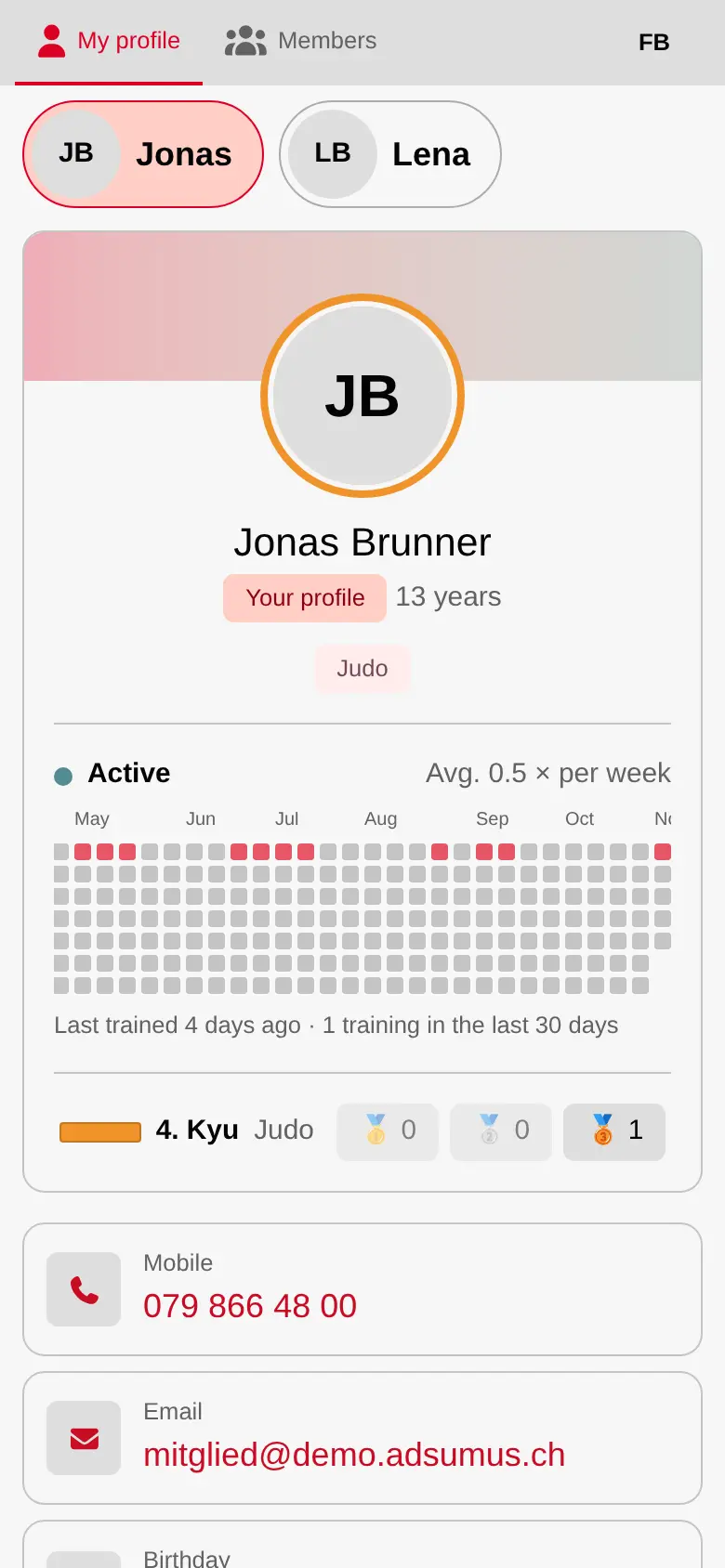 Member area on a phone with profile, belt and badges