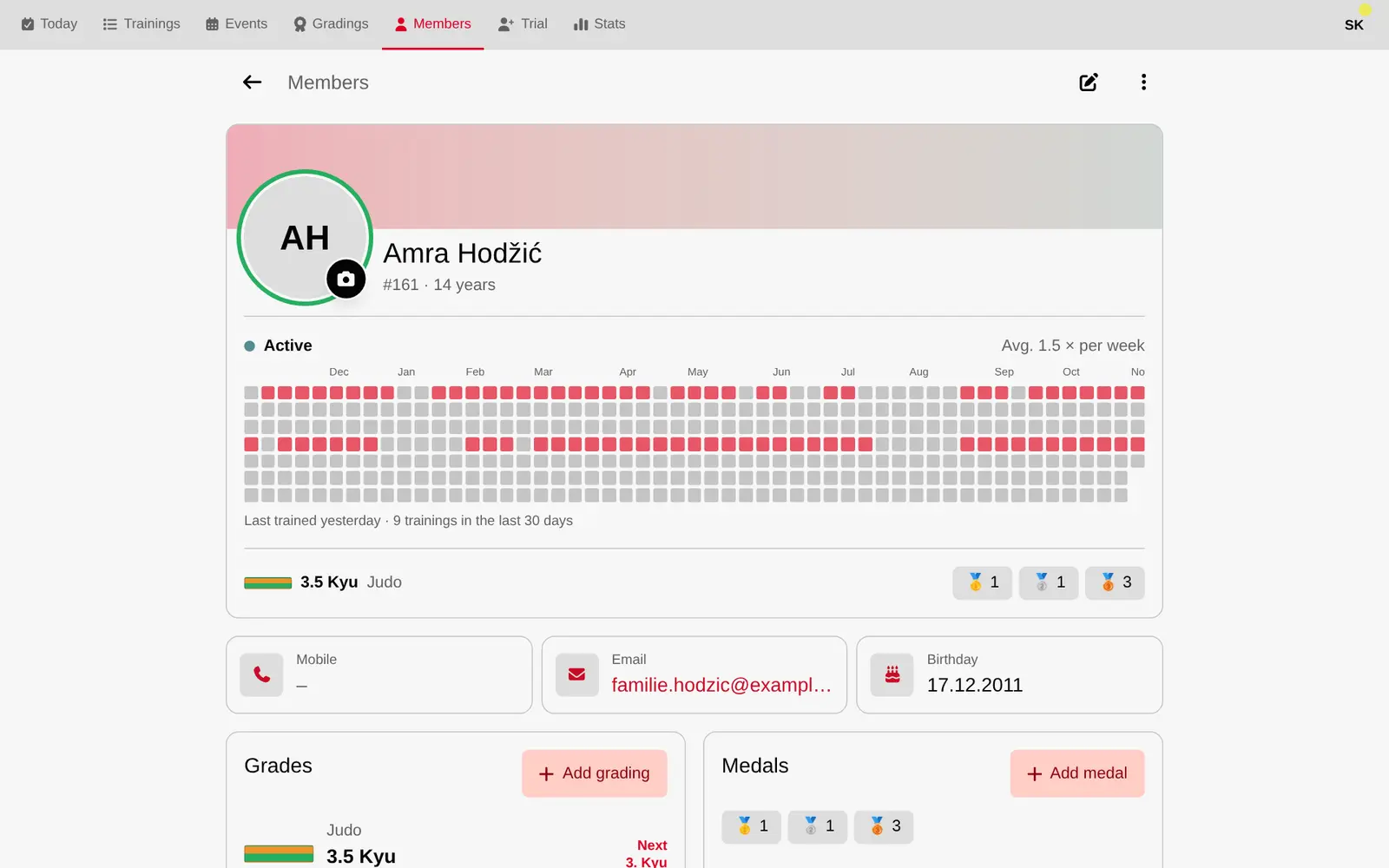 Member profile in Adsumus with belt history, medals, badges and training calendar